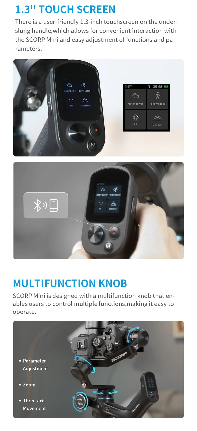 SCORP Mini 3-Axis OLED Touchscreen 4-in-1 Gimbal Stabilizer for Mirrorless,Action Camera,Smartphone