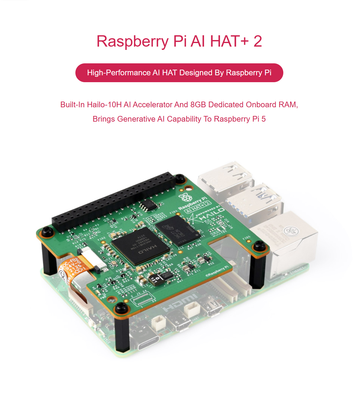 Raspberry Pi AI HAT+ 2 Hailo-10H AI Accelerator 40 TOPS 8GB Onboard RAM With Heatsink for Raspberry Pi 5