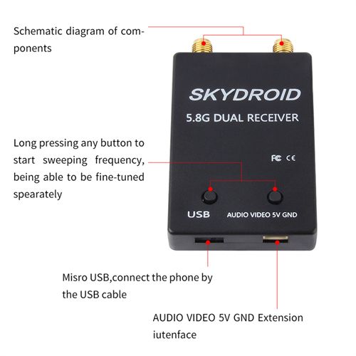 Skydroid 5.8Ghz 150CH UVC OTG Smartphone Dual Antenna FPV Receiver for Android Tablet PC RC Dron