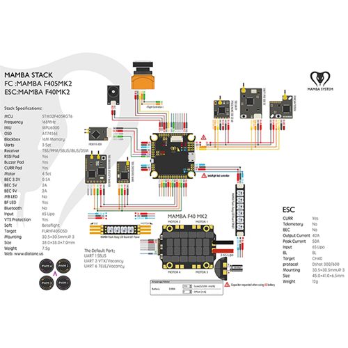 Diatone MAMBA F405 40A4in1 MK2 Flight Controller & 40A 3-6S DSHOT600 Brushless ESC For FPV Racing Drone RC Quadcopter RC Parts