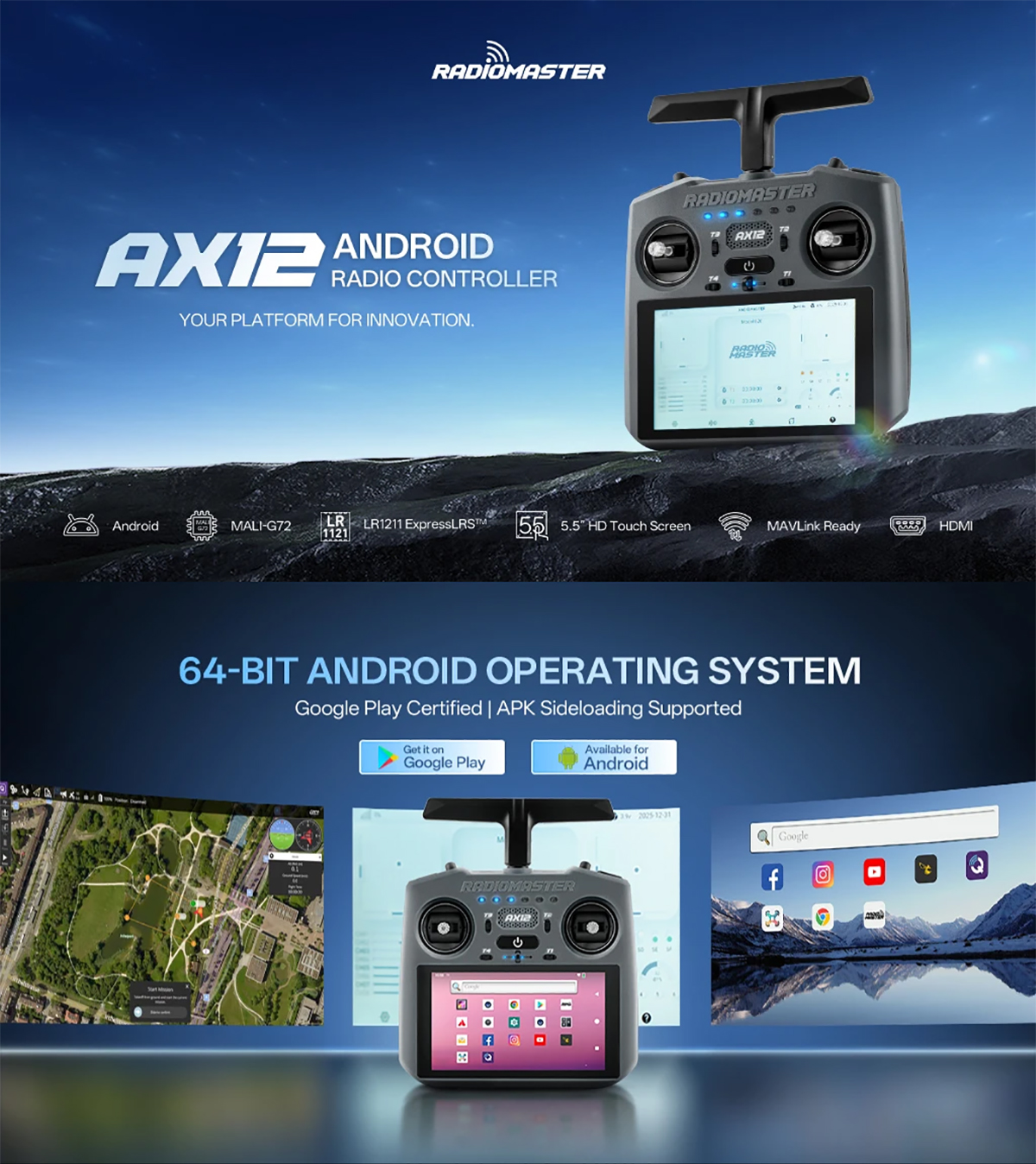 Radiomaster AX12 Remote Controller 2.4GHz ELRS Dual Band 5.5 HD Touch Screen 64-Bit 