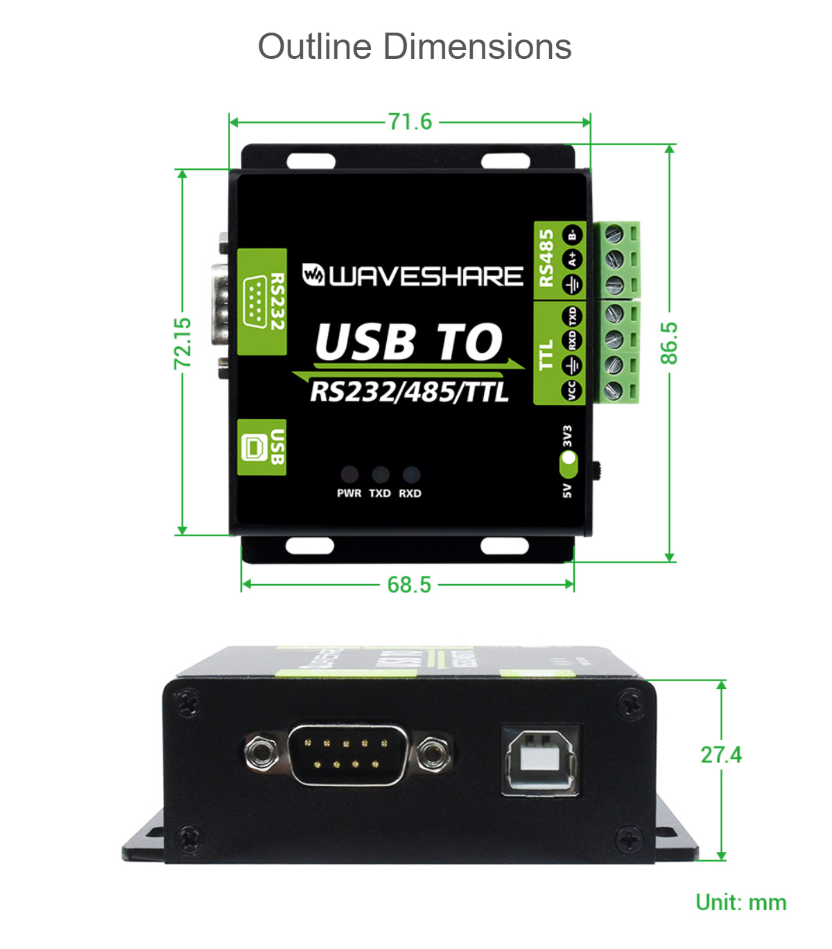 Waveshare FT232RNL/CH343G USB TO RS232/485/TTL Interface Convert