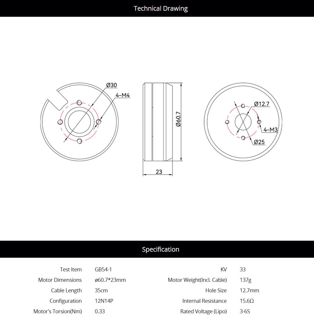 T-MOTOR GB54-1 KV33 Brushless Gimbal Motor 
