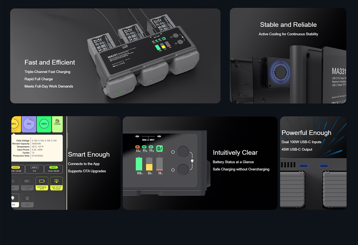ISDT MA331 200W 3 Channel Smart Battery Charger Air 3 Series Charging Hub Color Screen Portable RC Charger