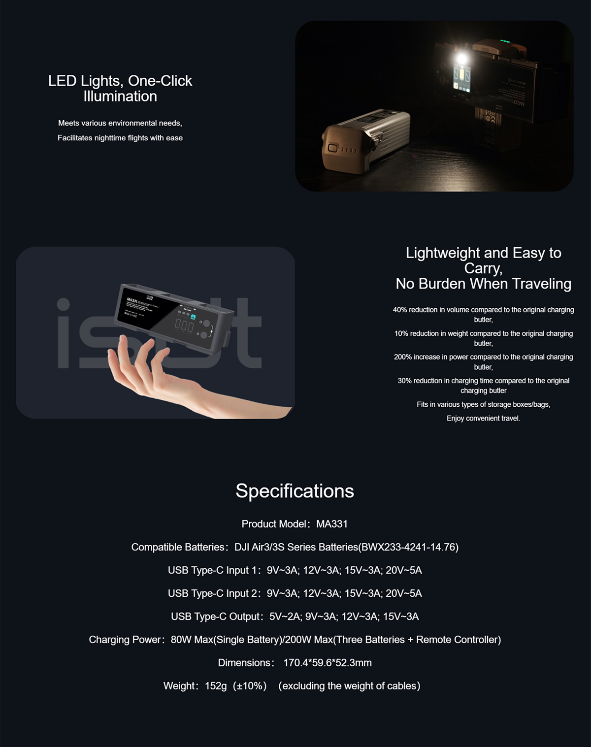 ISDT MA331 200W 3 Channel Smart Battery Charger Air 3 Series Charging Hub Color Screen Portable RC Charger