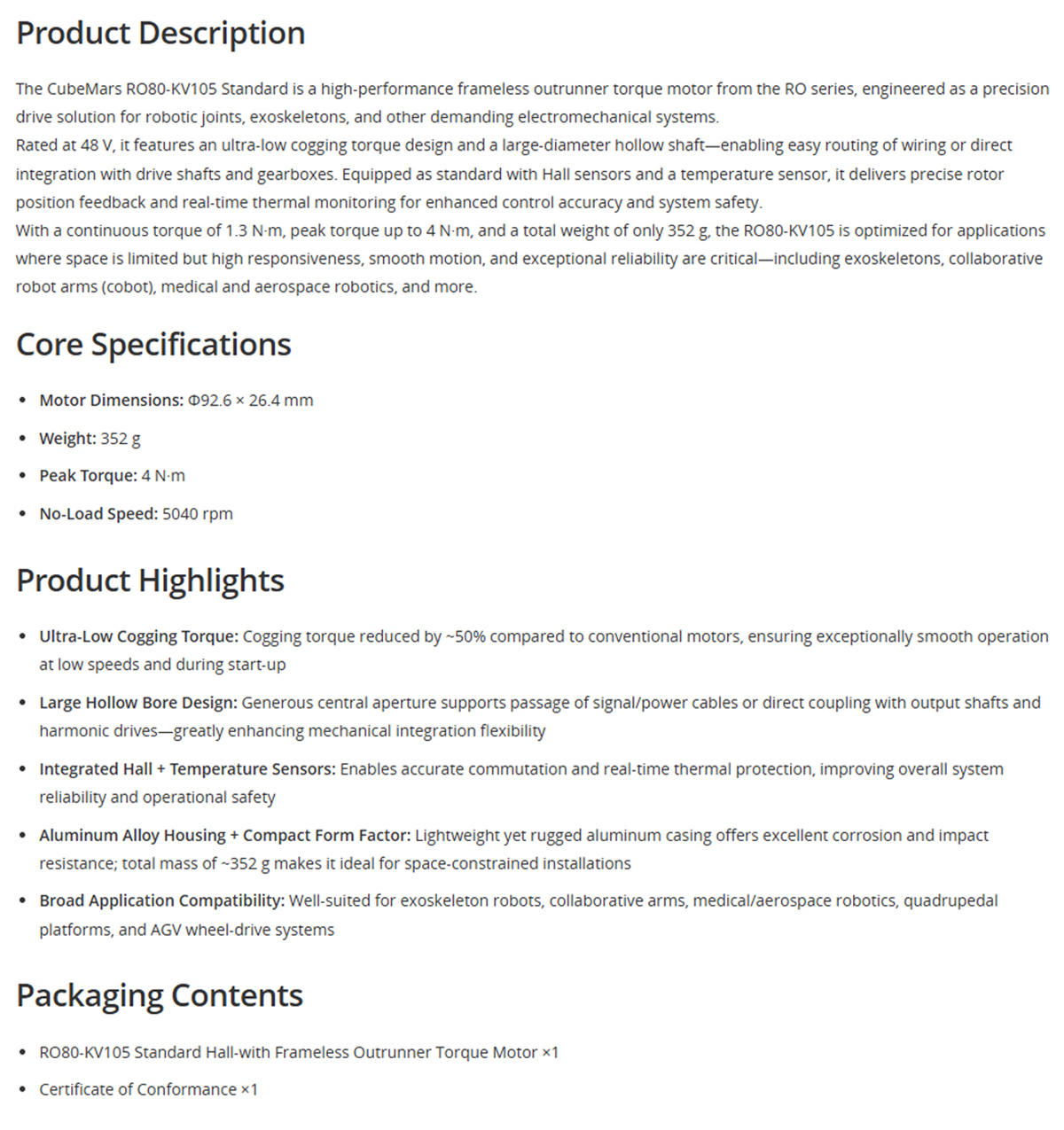 CubeMars RO80 KV105 Frameless Outrunner Hollow Bore Motor