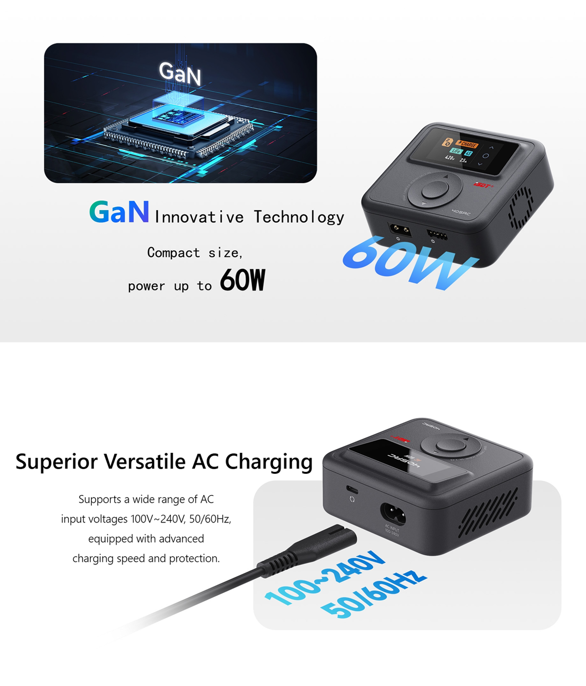 ISDT 405AC Smart Balance Charger GaN 60W AC Charging Small Framework Battery Fast Charging
