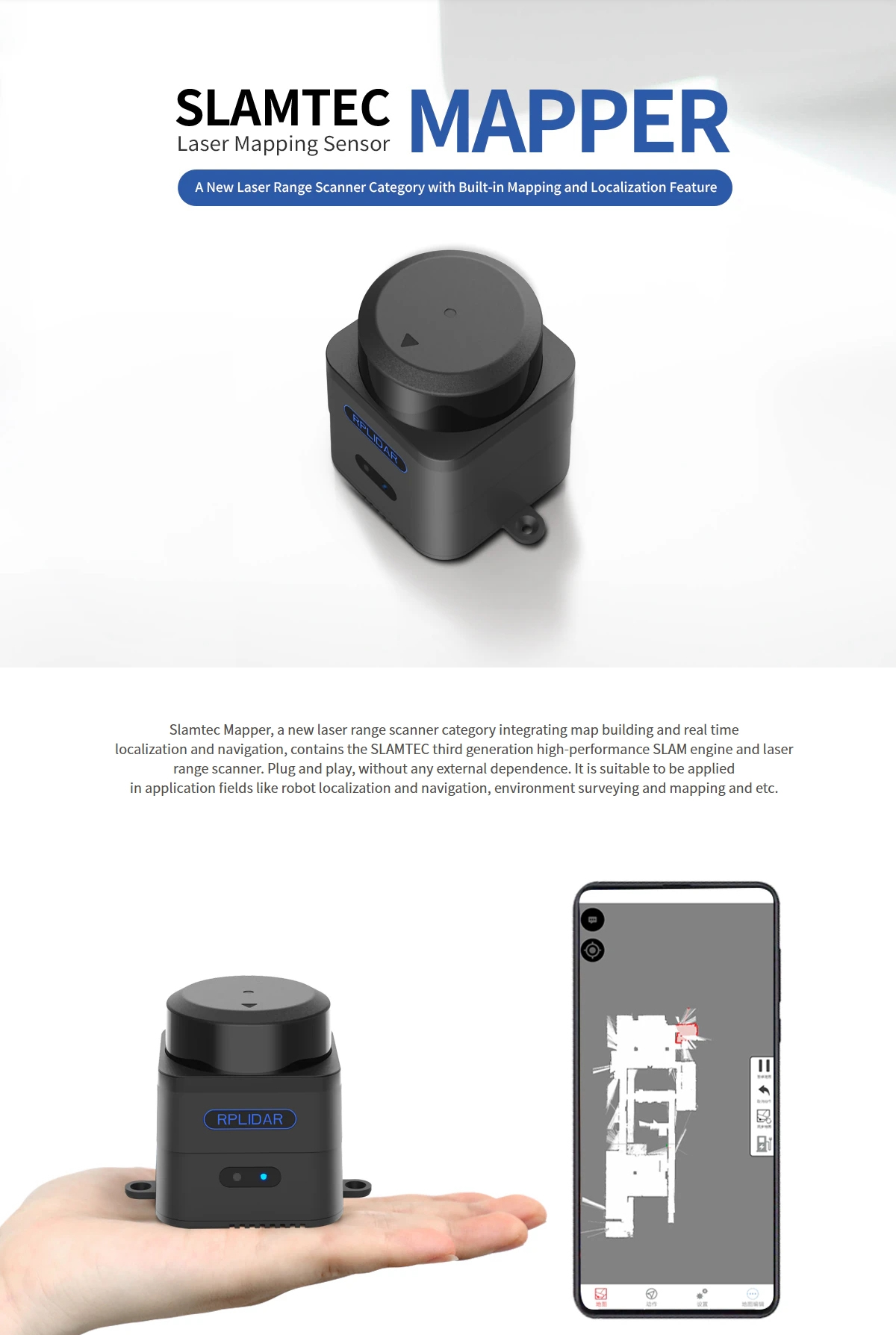 SLAMTEC Mapper M2M3 Laser Mapping Sensor 40m Range 32K High Quality for Robot Navigation Localization Mapping