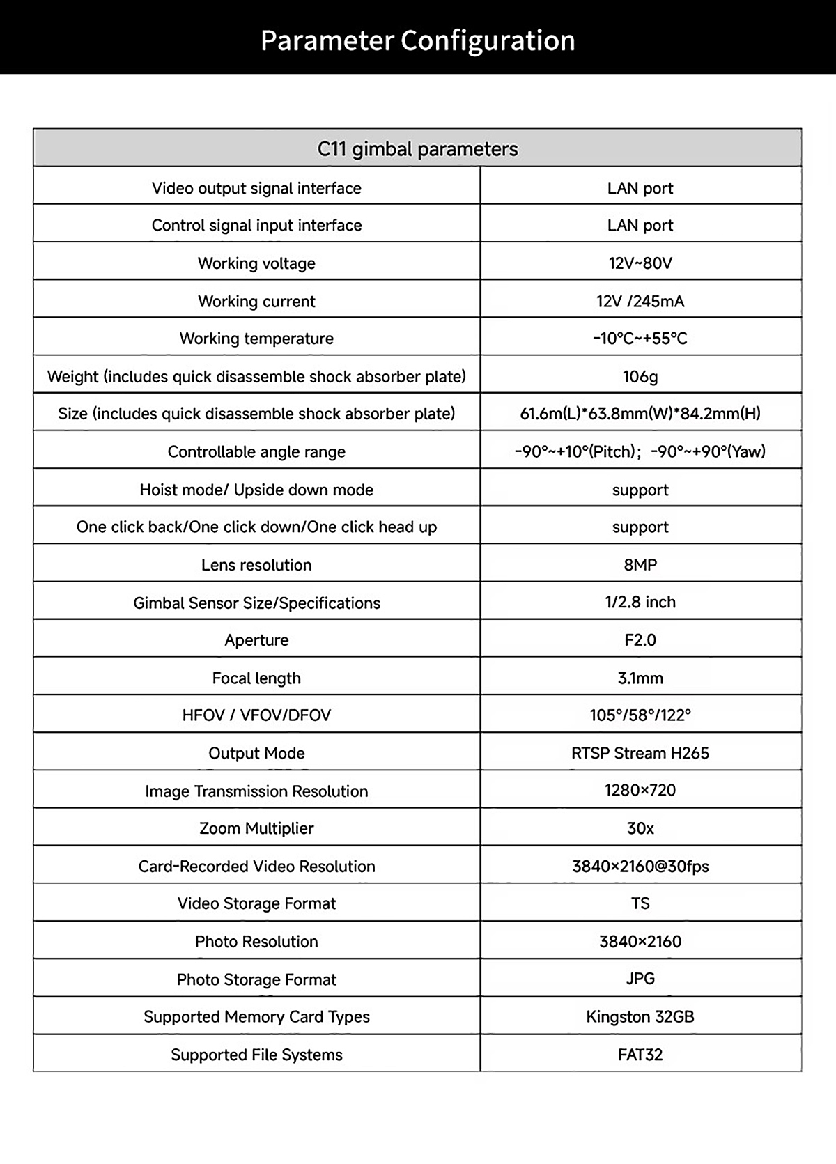 Skydroid C11 Gimbal Camera 4K 3-Axis Stabilized 30x Digital Zoom Light Weight for FPV Aerial Photography Drone