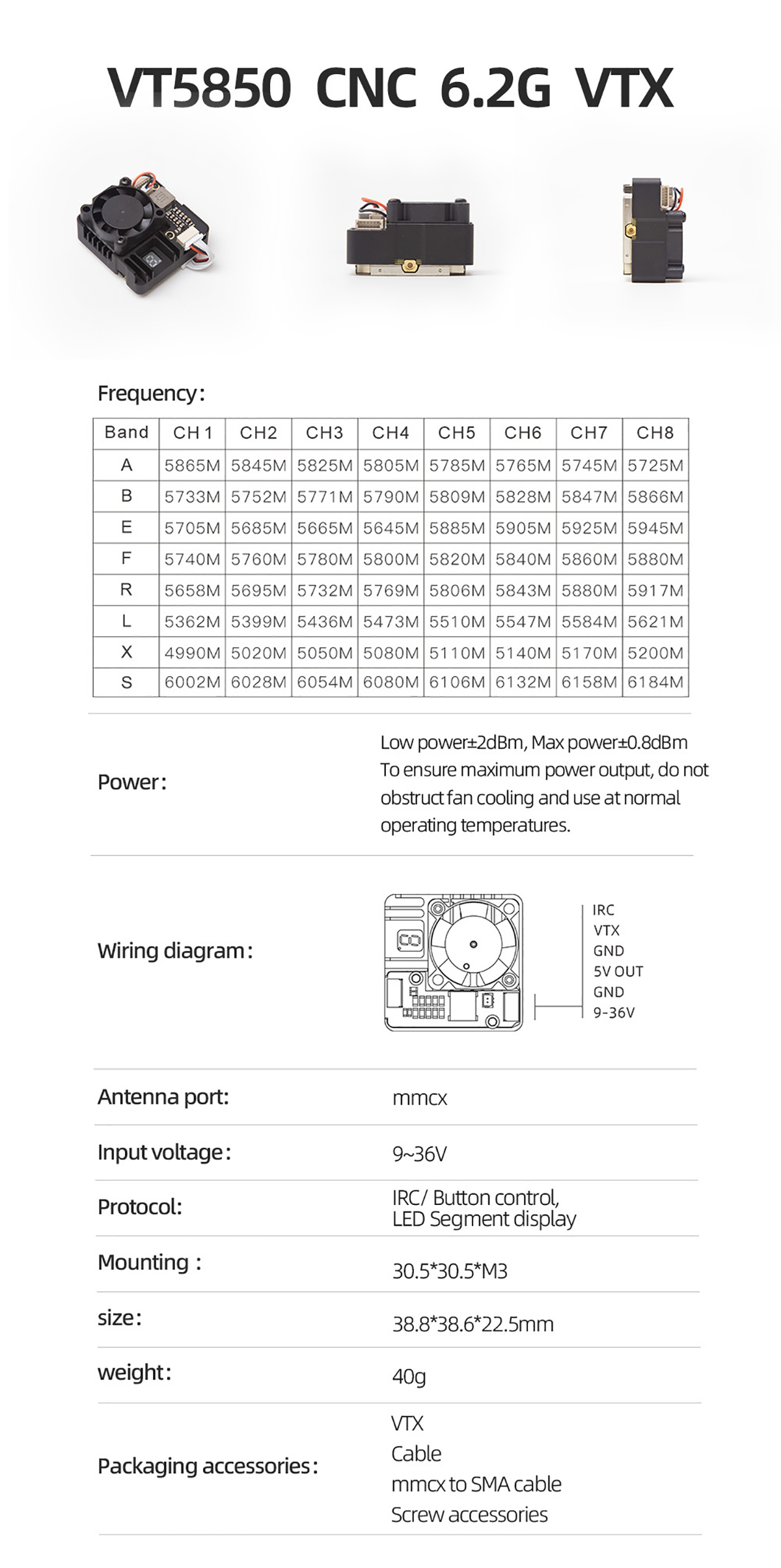 SKYZONE VT5850 6.2G 5W VTX Video Transmitter CNC Case LED Segment Display for FPV Drone RC Airplane